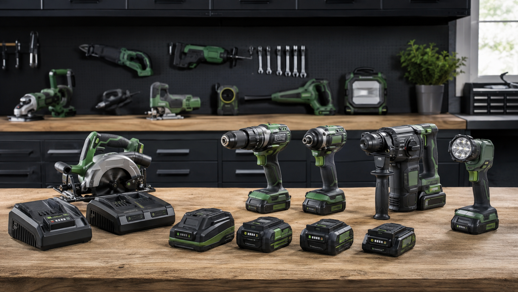 Battery packs, chargers and compatible cordless tools on a workbench.