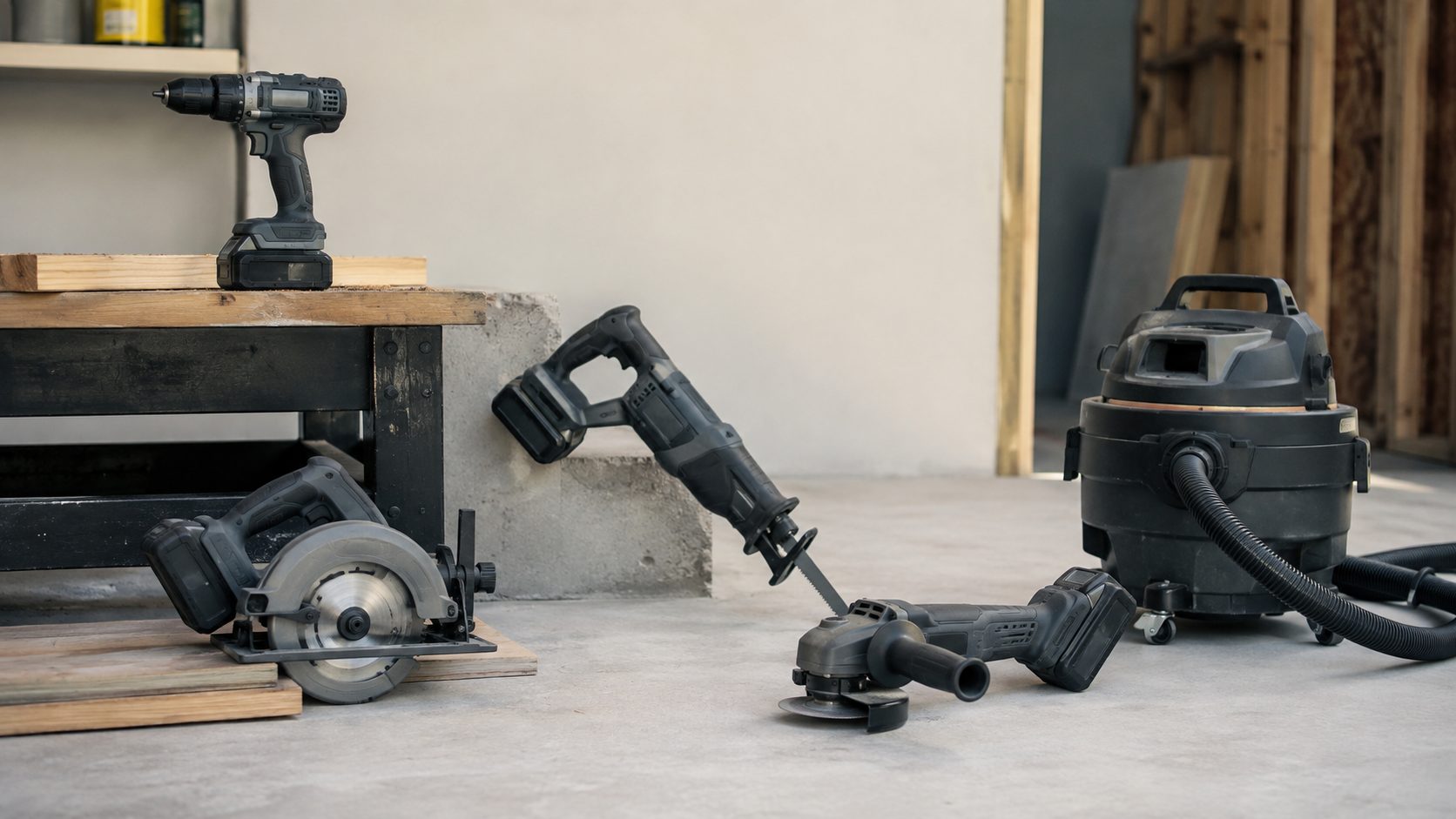 Cordless drill, circular saw, reciprocating saw, angle grinder and shop vacuum in a workshop.