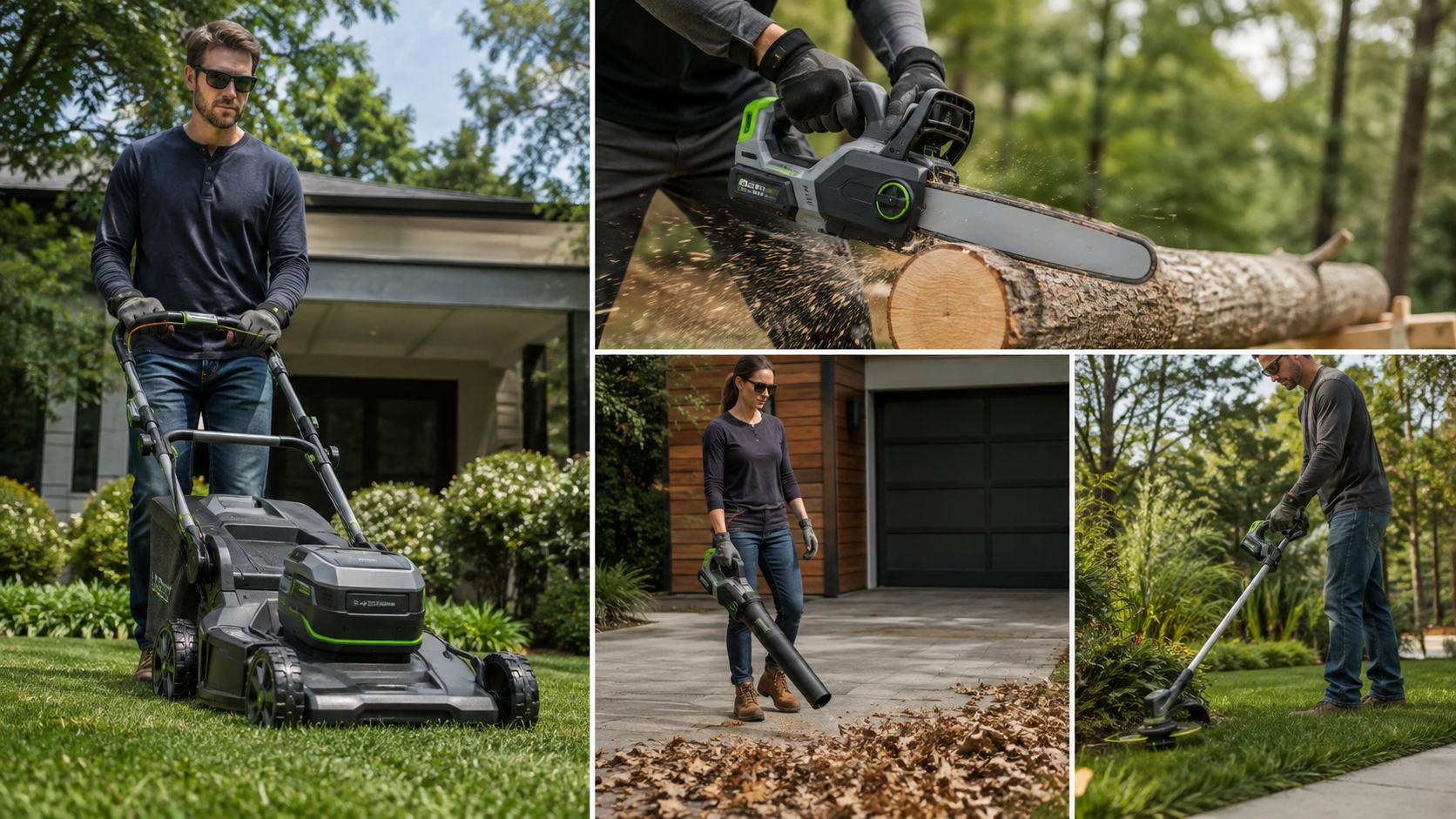 Battery lawn mower, chainsaw, leaf blower and string trimmer in use.