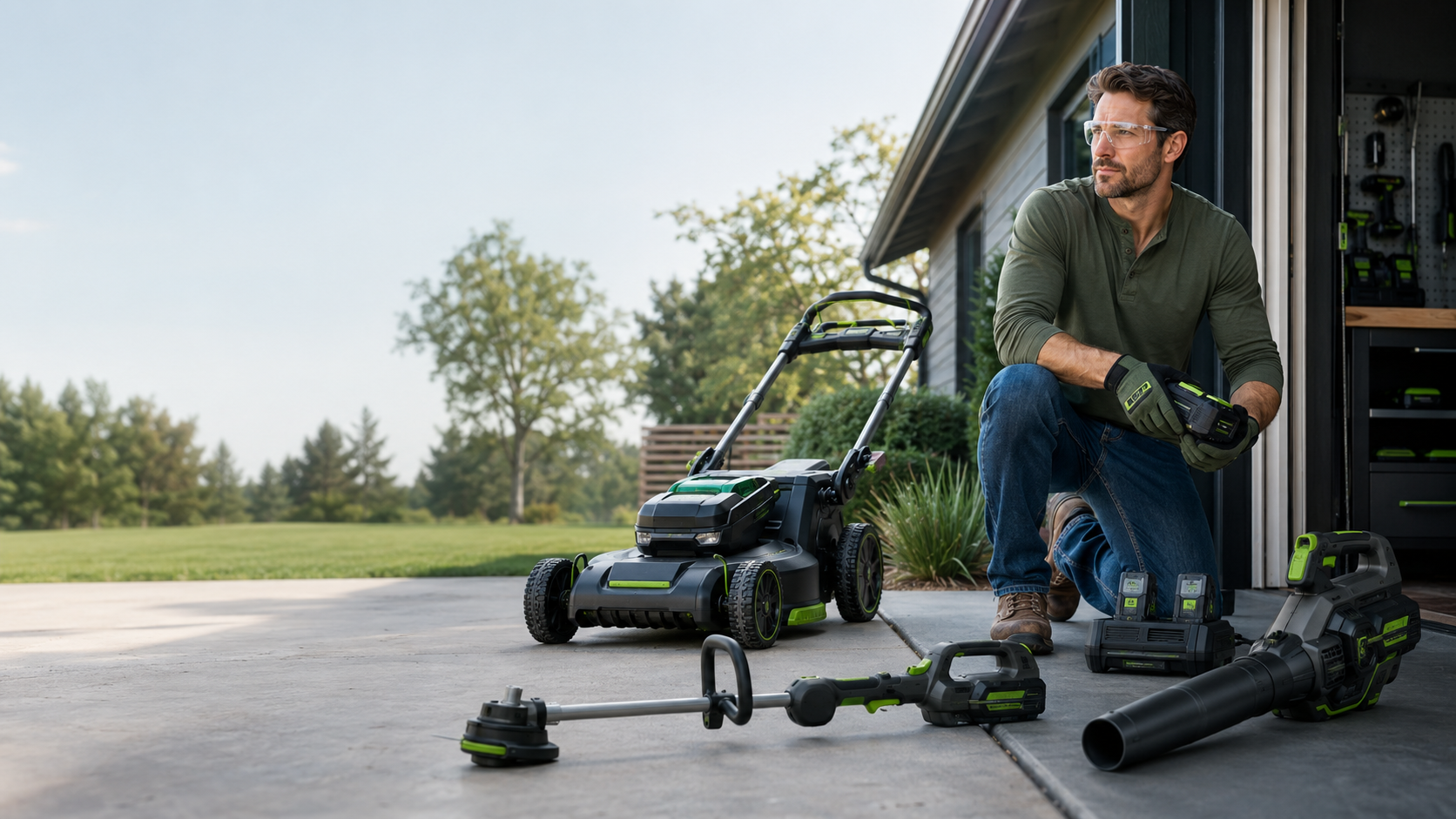 Homeowner preparing battery-powered mower, string trimmer and leaf blower beside a garage.